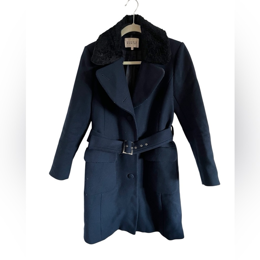 Claudie Pierlot 2020 Navy Wool Faux Fur Trim Pea Coat, size 36